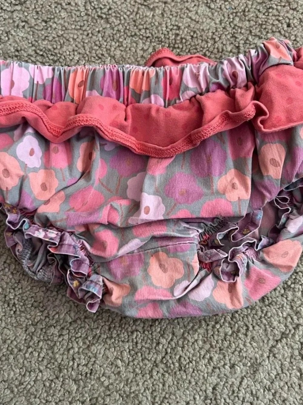 Matilda Jane pink, purple, and gray floral bloomers with ruffles, size 18m